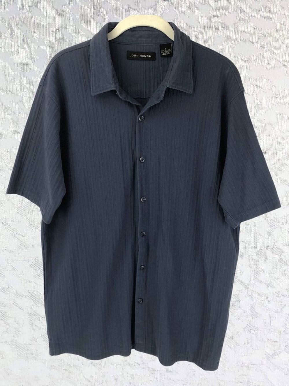 John Henry Dark Blue Stripe Button Down Shirt Camp Collar & Short Sleeve Men’s L